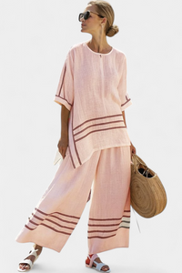 Adrielle | Elegantes gestreiftes asymmetrisches Oberteil & auffällige Hose in Rosa