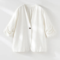 Damen Leichter Oversize-Blazer mit V-Ausschnitt, Ein-Knopf-Verschluss und gerafften Dreiviertelärmeln Nord Taschen in Weißer Anzug