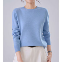 Damen Feiner Rundhals-Pullover aus Kaschmir-Mix mit gerippten Bündchen Nord Taschen in Stilles Blau