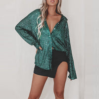 Damen Glitzernde Oversize-Hemdbluse in Moosgrün