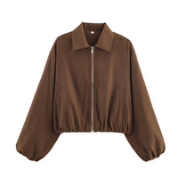 Damen Cropped Bomberjacke mit Ballonärmeln, elastischem Saum und Reverskragen Nord Taschen in Dunkelbraun