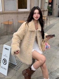 Damen Kuscheliger Kunstfell‑Teddy‑Mantel im Oversize‑Schnitt Nord Taschen in Gelb