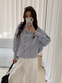 Damen Oversized Hemdbluse mit Streifenmuster und Ballonärmeln Nord Taschen in Blau gestreift