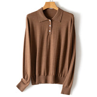 Damen Feiner Langarm-Polo-Pullover aus Feinstrick mit Knopfleiste Nord Taschen in Dunkelkamel