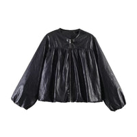 Damen Kurzjacke mit gerafftem Vorderteil, Ballonärmeln und Reißverschluss Nord Taschen in Schwarz