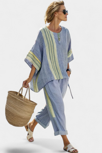 Isla | Elegantes Lavendel-Top & Senfgelb gestreifte Hose in Blau