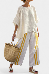 Freya | Elegantes gelb gestreiftes Leinenoberteil & weite Hose in Gelbe Streifen