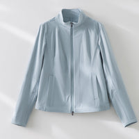 Damen schlichte taillierte Lederjacke mit Stehkragen und Zwei-Wege-Reißverschluss Nord Taschen in Blaue Jacke
