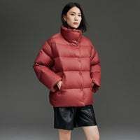 Damen Kurz geschnittene gesteppte Daunenjacke mit hohem Stehkragen, Boxy-Silhouette und Druckknöpfen Nord Taschen in Rot