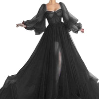Damen Tüll Abendkleid mit voluminösen Ärmeln und seitlichem Schlitz in Schwarz