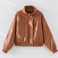 Damen Oversized Lederimitat-Bomberjacke mit Stehkragen und elastischem Saum Nord Taschen in Kürbisorange