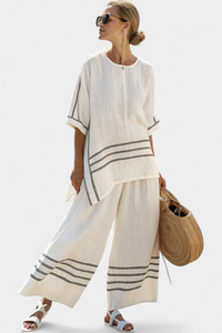 Adrielle | Elegantes gestreiftes asymmetrisches Oberteil & auffällige Hose in Weiß
