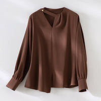 Damen elegante oversized Bluse mit asymmetrischem V-Ausschnitt und Manschetten Nord Taschen in Braun