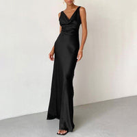 Damen Schwarz Ärmellos Wickel Maxi Abendkleid in Schwarz