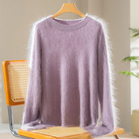 Damen Flauschiger Angora-Mix Rundhalspullover Nord Taschen in Flieder