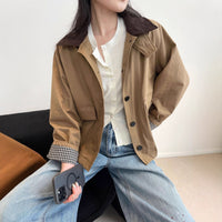 Damen Kurzjacke im Worker-Stil mit Cordkragen und aufgesetzten Pattentaschen Nord Taschen in Camel