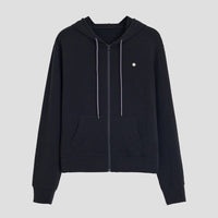 Damen leichte Kapuzen-Sweatjacke aus Slub-Jersey mit durchgehendem Reißverschluss und Kängurutaschen Nord Taschen in Schwarz