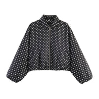 Damen Cropped Bomberjacke mit Ballonärmeln, elastischem Saum und Reverskragen Nord Taschen in Schwarz gepunktet