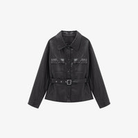 Damen Lederjacke mit Taillengürtel und aufgesetzten Pattentaschen Nord Taschen in Schwarz