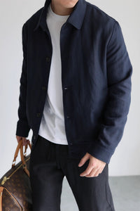 Herren Leichte Leinenjacke mit Hemdkragen und durchgehender Knopfleiste Nord Taschen in Indigoblau