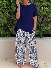 Damen Freizeit Zweiteiler mit Blumenmuster | Weite Hose in Blau