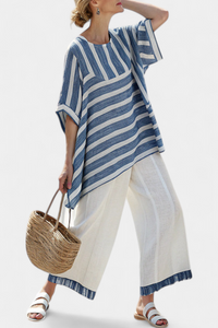 Alexa | Elegantes blau gestreiftes Oberteil & Hosen mit Saumdetails in Blau gestreift