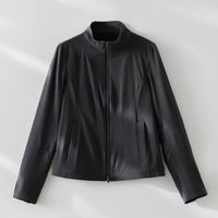 Damen schlichte taillierte Lederjacke mit Stehkragen und Zwei-Wege-Reißverschluss Nord Taschen in Dunkelgrauer Mantel