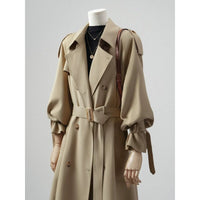 Damen Doppelreihiger Trenchcoat mit Taillengürtel und Ballonärmeln Nord Taschen in Khaki