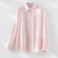 Damen Locker fallende Leinenmix-Bluse mit Hemdkragen und Manschetten Nord Taschen in Rosa