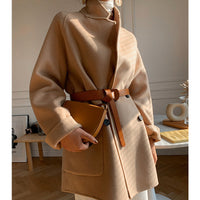 Damen Oversized Mantel mit Taillengürtel Nord Taschen in Camel