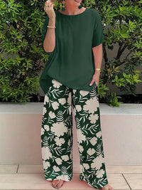 Damen Freizeit Zweiteiler mit Blumenmuster | Weite Hose in Dunkelgrün