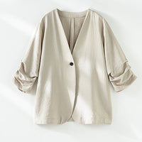 Damen Leichter Oversize-Blazer mit V-Ausschnitt, Ein-Knopf-Verschluss und gerafften Dreiviertelärmeln Nord Taschen in Beiger Anzug