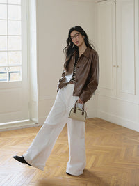 Damen Boxy-Lederoptik-Jacke mit Hemdkragen und Knopfleiste Nord Taschen in Kaffeebraun