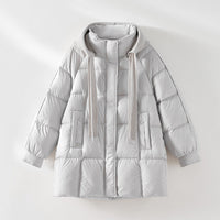 Damen wattierte Steppjacke mit Kapuze Rippkragen weitem Schnitt und Midilänge Nord Taschen in Grau