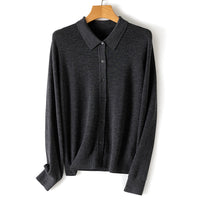 Damen Feiner Knopfcardigan mit Hemdkragen und feinem Feinstrick Nord Taschen in Dunkelmeliertgrau