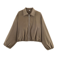Damen Cropped Bomberjacke mit Ballonärmeln, elastischem Saum und Reverskragen Nord Taschen in Camel