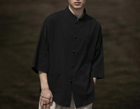 Herren Oversize Hemd im Kimono-Stil aus Leinen-Baumwollmix mit Stehkragen Nord Taschen in Schwarz