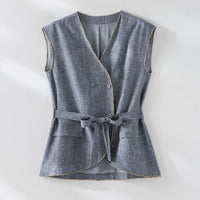 Damen Hochtaillierte Palazzo-Hose aus Leinenmix mit Bundfalten und elastischem Komfortbund Nord Taschen in Blaues Gilet