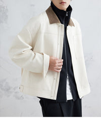 Herren Boxy-Zipjacke aus strukturiertem Baumwollmix mit Lederkragen und verdeckter Druckknopfblende Nord Taschen in Hellbeige