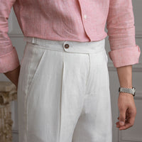 Herren Leinenhose mit hoher Taille, Bundfalten und verstellbarem Seitenriegel Nord Taschen in Weiß
