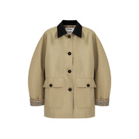Damen Kurztrenchjacke mit Karofutter und Kontrastkragen Nord Taschen in Khaki