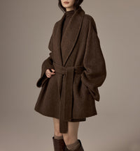 Damen Oversized Wollmantel mit Gürtel Nord Taschen in Schokolade