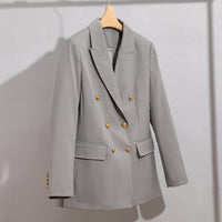 Damen Doppelreihiger Tailoring-Blazer mit Goldknöpfen und figurformenden Abnähern Nord Taschen in Graues Oberteil