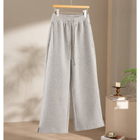 Damen weite French‑Terry Lounge-Sweatpant mit hohem Bund, Kordelzug und seitlichen Schlitzen Nord Taschen in Mittelgraue Leinenhose