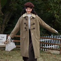Damen Langer Duffle‑Mantel mit Teddykragen, Knebelverschlüssen und aufgesetzten Taschen Nord Taschen in Kaffeebraun
