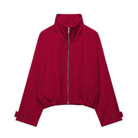 Damen Cropped Übergangsjacke mit hohem Stehkragen, Karomuster und elastischem Saum Nord Taschen in Rot