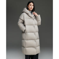 Damen Extra-langer wattierter Steppmantel mit Kapuze, Thermo-Füllung und Zwei-Wege-Reißverschluss Nord Taschen in Elefantengrau