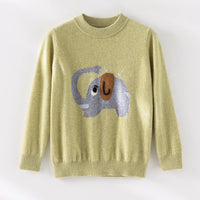 Damen Feinstrick-Pullover mit plüschiger Elefanten-Intarsia und Rippbündchen Nord Taschen in Gelbgrün Geblümt