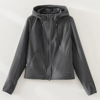 Damen Leichte Softshell-Outdoorjacke mit Kapuze und Zwei-Wege-Reißverschluss Nord Taschen in Dunkelgrauer Mantel
