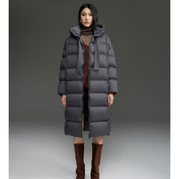Damen Oversized Stepp-Daunenmantel mit Kapuze und verlängerter Silhouette Nord Taschen in Dunkelgrau
